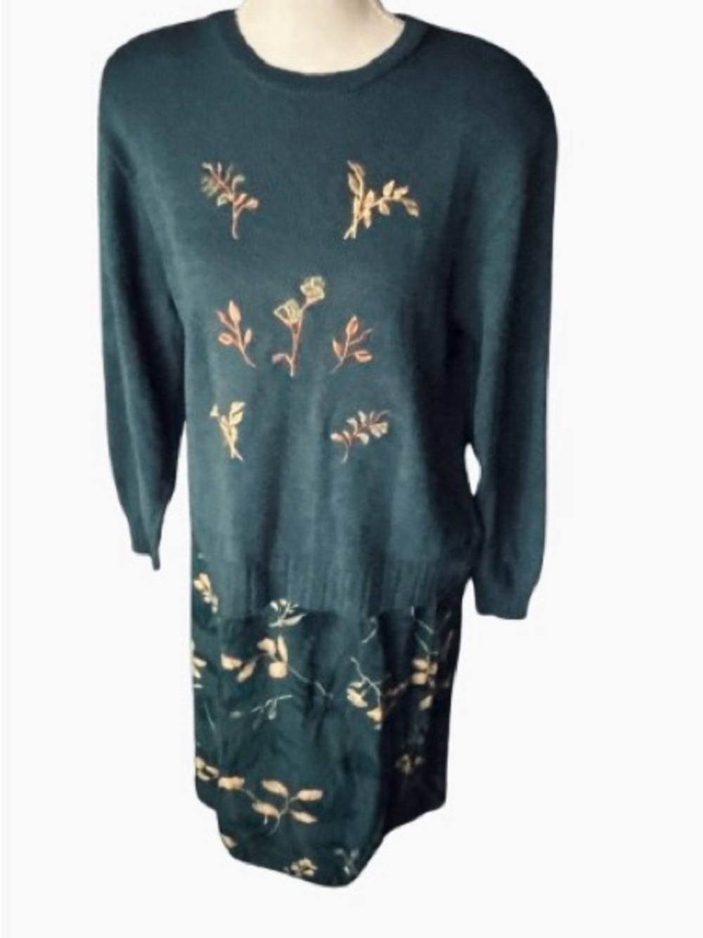 Vintage 2-Pc Skirt Sweater Set SOUTHERN LADY Floral Knit Embroidered Modest Midi